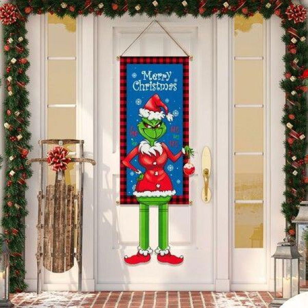 Christmas Grinch Sign Welcome Christmas Porch Sign Hanger Christmas Theme Front Door Hanging Banner Indoor Outdoor Door Wall Decor Size 110*40cm