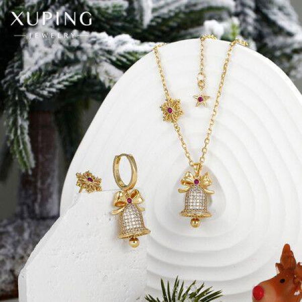 Christmas Jingle Bell Necklace Women Statement Chunky Crystal Teardrop Pendant And Earrings Necklace Xmas Gift Jewelry