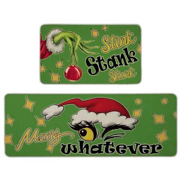 Christmas Kitchen Floor Rugs Kitchen Mat Set of 2, Merry Christmas Green Kitchen Decorations Indoor, Non Slip Soft Washable Mats (40*60+40*120cm)