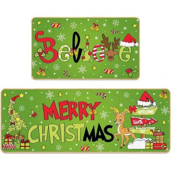 Christmas Kitchen Floor Rugs Kitchen Mat Set of 2, Merry Christmas Green Kitchen Decorations Indoor, Non Slip Soft Washable Mats (40*60+40*120cm)