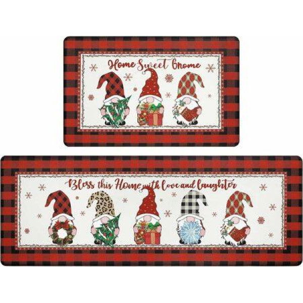 Christmas Kitchen Rug Set of 2 Non Slip Buffalo Plaid Gnomes Anti Fatigue Kitchen Rugs Floor Carpet Set for Winter Xmas Holiday Kitchen Decor