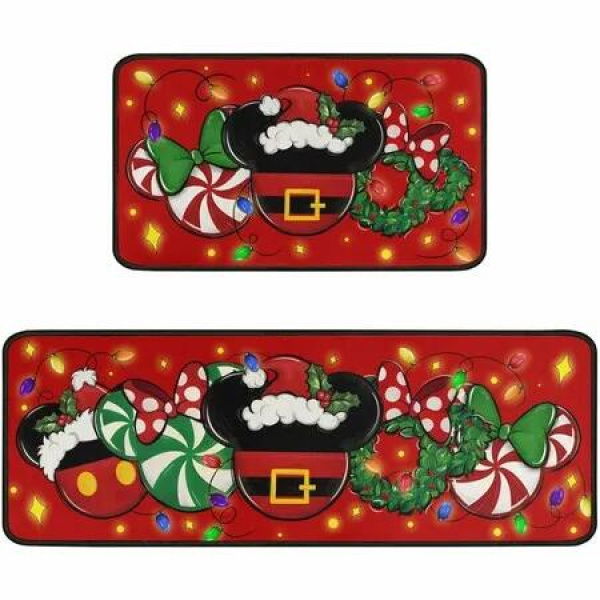 Christmas Kitchen Rugs Set of 2,Red Cartoon Mouse Kitchen Mats Sink Mats - Non-Slip,Washable,Home Decor Doormat+Runner Rug