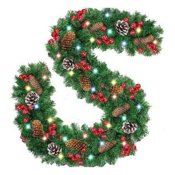 Christmas LED Rattan Garland 2.7m Artificial Pine Tree Decorations with Berries and Pine Cones for Home