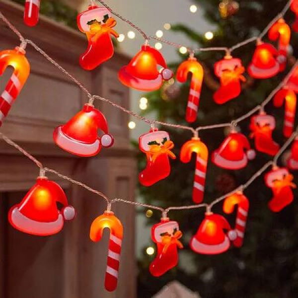 Christmas LED String Lights Battery Operated Santa Hat Santa Socks Candy Light for Indoor Christmas Decor