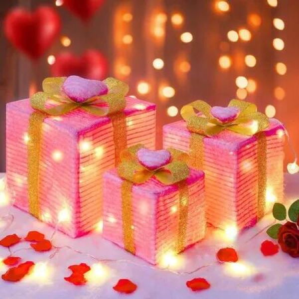Christmas Lighted Gift Boxes 3 Pack Pink Lighted Christmas Boxes Light Up Present Boxes Decorations for Indoor Outdoor Battery Operated LED Light Up Gift