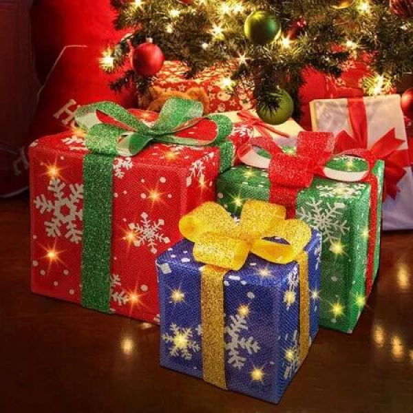Christmas Lighted Gift Boxes 3 Pack SNOWFLAKE BOW Lighted Boxes Light Up Present Boxes Decorations for Indoor Outdoor Battery Operated LED Light Up Gift