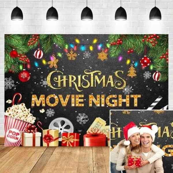 Christmas Movie Night Party Backdrop,Polyester Fabric for Christmas Gifts,Snowflake Decoration,Photo Supplies,Photography Background Photoshoot Accessories