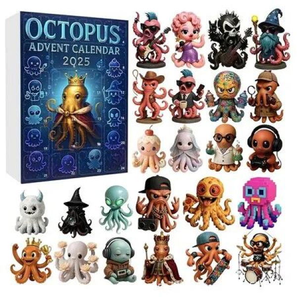 Christmas Octopus Advent Calendar,24 Days Christmas Countdown Calendar,with 24 Octopus 2D Pendant,For Christmas Tree Decoration