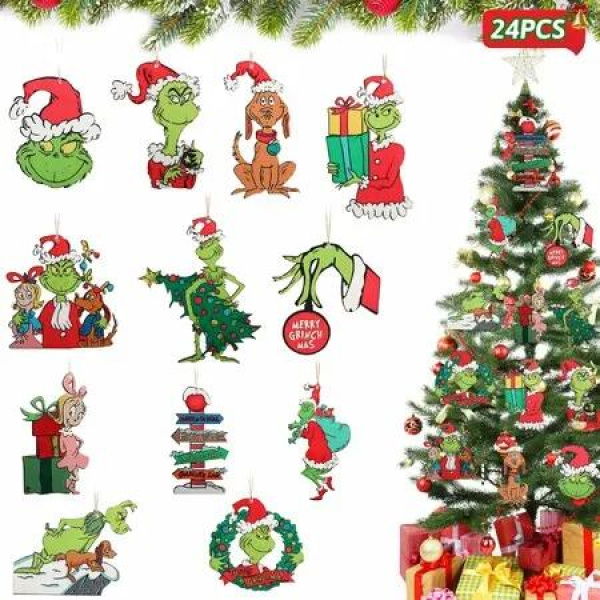 Christmas Ornaments Grinchs 24PCS Tree Decorations Wooden Hanging Cute Home Party Indoor Festive Holiday Craft