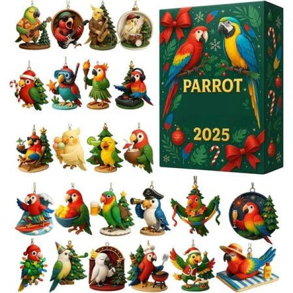 Christmas Parrot Advent Calendar, 2D Acrylic Countdown Ornament Festive Parrot Pendant Decoration for Christmas Decoration