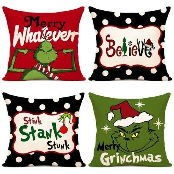 Christmas Pillow Covers 18x18 Set of 4 for Grinchmas Christmas Pillows Decorations Xmas Farmhouse Decor for Porch Decor,Couch,Bed