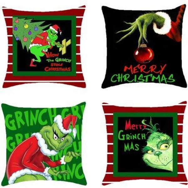 Christmas Pillow Covers,Winter Xmas Farmhouse Pillow case,GrinchThrow Pillow Covers Cotton Linen Pillow Case Grinch Holiday Decor 18x18 Inch 4Pack