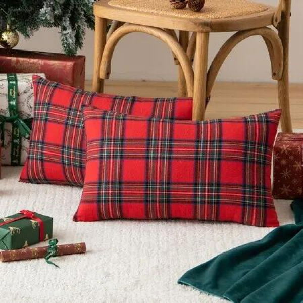 Christmas Plaid Decorative Throw Pillow Covers Scottish Tartan Cushion Case for Farmhouse Home Holiday Decor Red and Green,2Pack,45x45cm