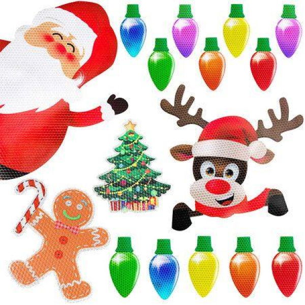 Christmas Reflective Car Magnets Set 16Pcs, Christmas Santa with Bulb Light and Wire Car Decoration