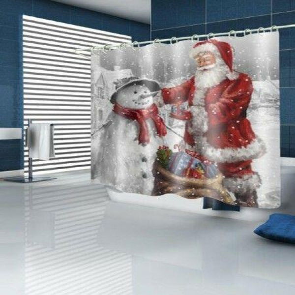 Christmas Santa Claus And Snowman Print Waterproof Bathroom Shower Curtain