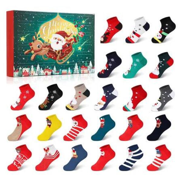 Christmas Socks Advent Calendar, 24 Days of Advent Box Socks Christmas Countdown, Santa Elk Snowman Christmas Tree Pattern for Socks Gifts Advent Calendar