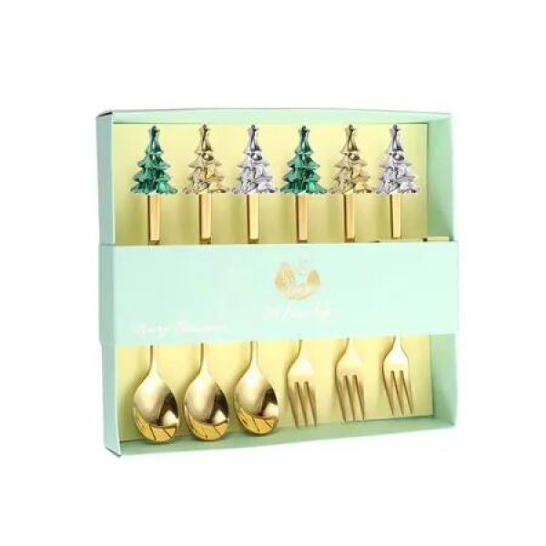 Christmas Spoon Fork Set Christmas Tree Coffee Dessert Tea Soup Stirring Spoon Cake Fruit Fork Tableware Christmas Gift Color Gold