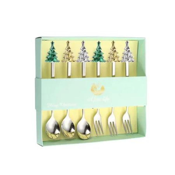 Christmas Spoon Fork Set Christmas Tree Coffee Dessert Tea Soup Stirring Spoon Cake Fruit Fork Tableware Christmas Gift Color Silver