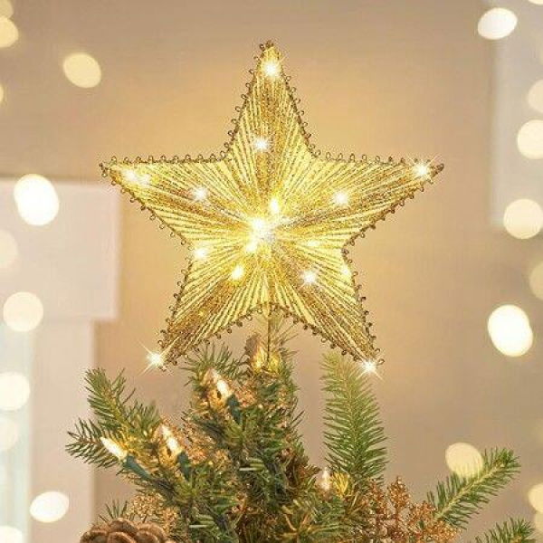 Christmas Star Tree Topper Golden Glitter 3D Star Tree Top With LED Lights For Christmas Tree Decoration And Holiday Seasonal Decor - Gold