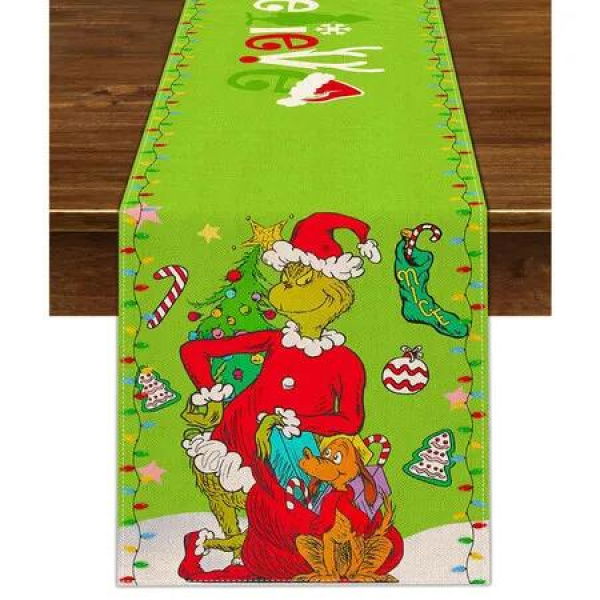 Christmas Table Runner for Home Grinch Xmas Runner Merry Christmas Indoor Outdoor Party Dining Table Decorations 33*183CM