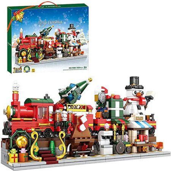 Christmas-themed Street View Childrens Building Blocks With Small Bricks Train Building Blocks Model With Light