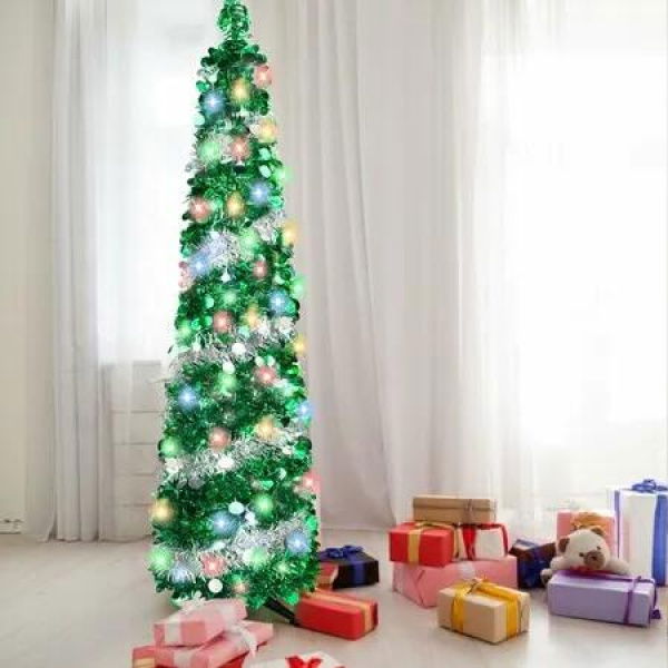 Christmas Tree 1.5m 50 Colour Lights Artificial Pop Up Collapsible Tinsel Home Party Indoor Outdoor Festive Decoration Green Silver