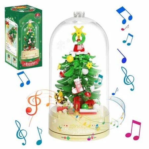 Christmas Tree Building Blocks Music Box Set with Dust-Proof Dome,Xmas Holiday Construction Toy Gift,Home Decor (Starlight Christmas Tree)