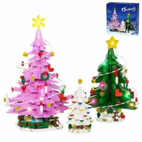 Christmas Tree Building Kit with LED Lights Xmas Holiday Decoration Gift with Train and Snowflake for Kids(743 pcs)