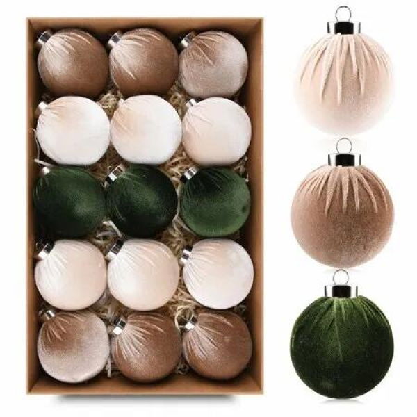 Christmas Tree Ornaments Velvet Balls,Pack of 15pcs Shatterproof Xmas Bulbs Decorations Set,Multicolor Green Brown Neutral,8cm