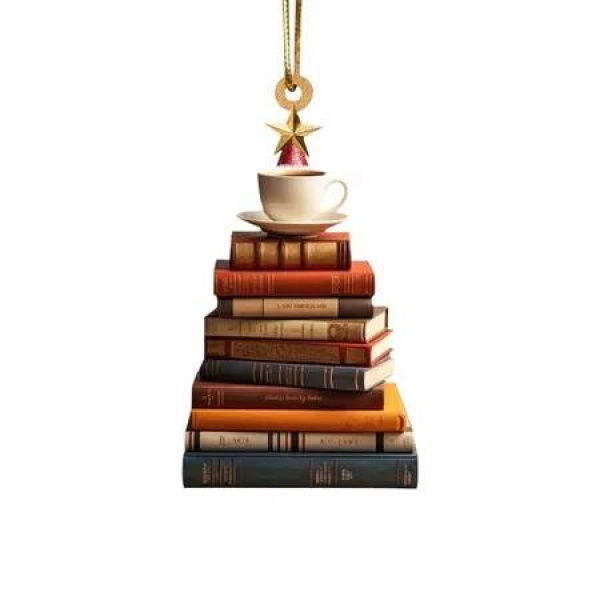 Christmas Tree Shape Bookshelf Pendant,Hanging Sleigh Pendants,Christmas Books Acrylic Ornaments Gifts (A)