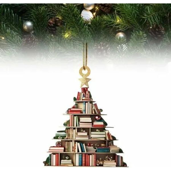 Christmas Tree Shape Bookshelf Pendant,Hanging Sleigh Pendants,Christmas Books Acrylic Ornaments Gifts (D)