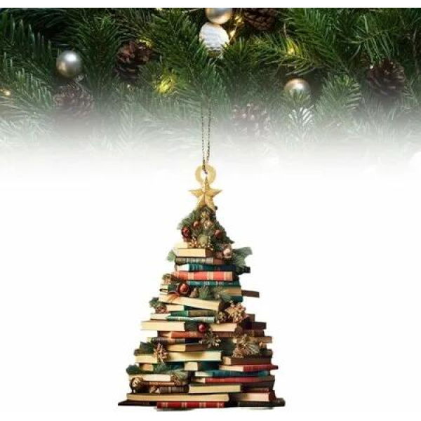 Christmas Tree Shape Bookshelf Pendant,Hanging Sleigh Pendants,Christmas Books Acrylic Ornaments Gifts (F)