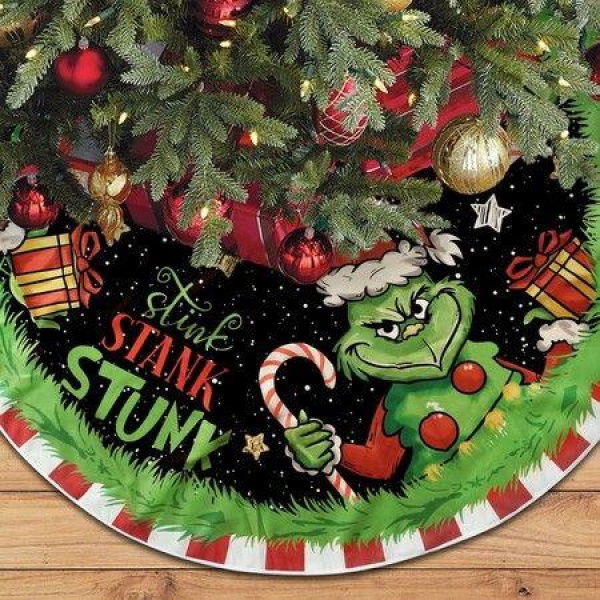 Christmas Tree Skirt 48 inch Grinch Tree Skirts Xmas Red Green Plaid Tree Skirt New Year Holiday Party Decor