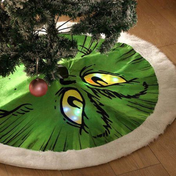 Christmas Tree Skirt Fabric Xmas Tree Mat with LED Light 45.7 Inch Large Round Cartoon Tree Skirt for Xmas New Year House Party Decoration