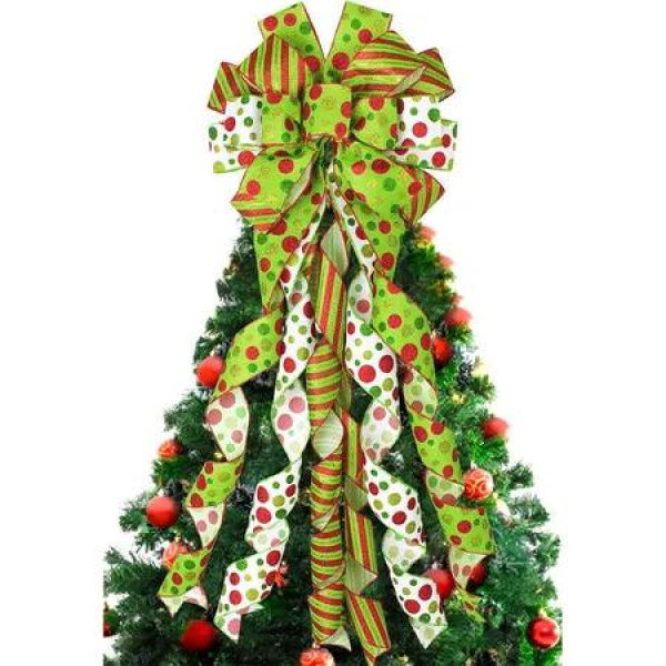 Christmas Tree Topper Bow Wreath, 44x13 Inches Large Green Christmas Bow Tree Topper,Glitter Holiday Wreath for Tree Indoor Outdoor Christmas Decoration