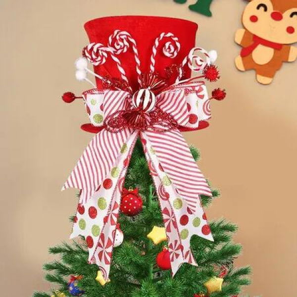 Christmas Tree Topper Hat, Large Red Hat with Striped Bow Ribbon and Lollipop, Desktop Ornaments for Home Xmas Holiday