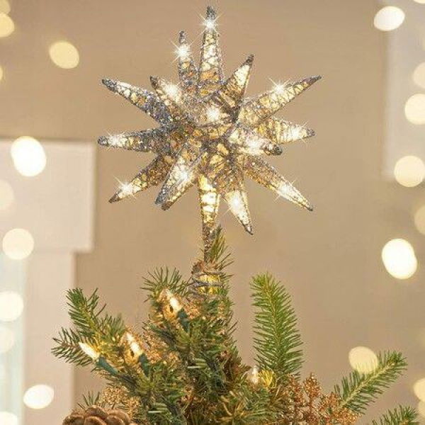 Christmas Tree Topper Lighted Up Tree Topper 3D Geometric Star Glitter Tree Topper Battery Powered Brilliant Christmas Tree Top Seasonal Lighting Christmas Tree Decoration Silver