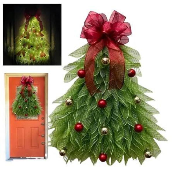 Christmas Tree Wreath for Front Door, Christmas Tree Cross, Christmas Glow Wreath, Front Door Wreath with Ball Ornsments for Christmas Decoration