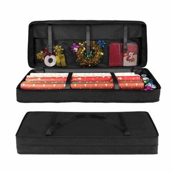 Christmas Wrapping Paper Storage Bag Christmas Decor Bag Waterproof with Handle Zipper Closure Pockets For Holiday Pendants Party Supplies,Black