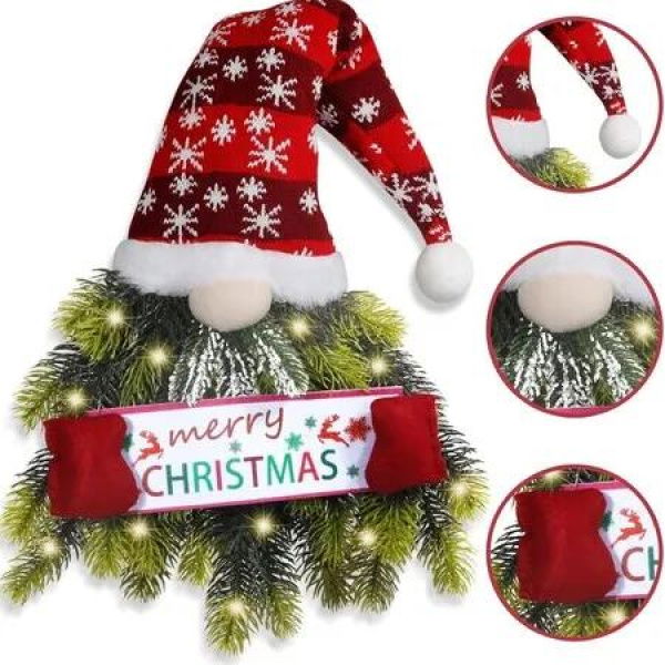 Christmas Wreath for Front Door, Lighted Gnome Christmas Door Wreath, Santa Xmas Hanging Sign for Door Window Wall Decorations