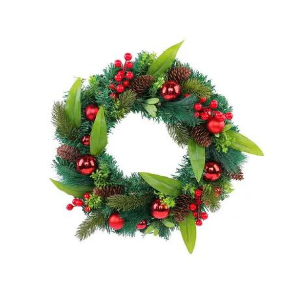 Christmas Wreath, Green, Decorated with Pine Cones, Berry Clusters, Branches, Christmas Collection