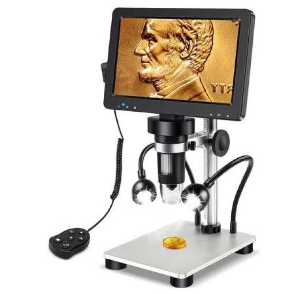 Clear 7-inch LCD Digital Microscope with 1200X Hihg Magnification - 12MP Camera, 1080P Video, 12 Slides, Wired Remote, and Dual Side Lights for Windows/Mac