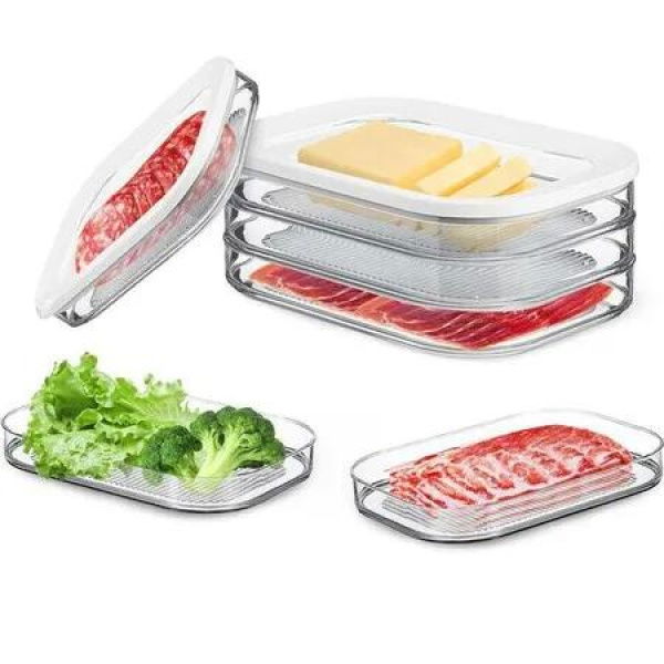 Clear Food Deli Storage Containers with Lids for Refrigerator,3-Layer Stackable Meal Prep Containers for Bacon,Cheese,Ham,Cold Cuts,Salami Storage