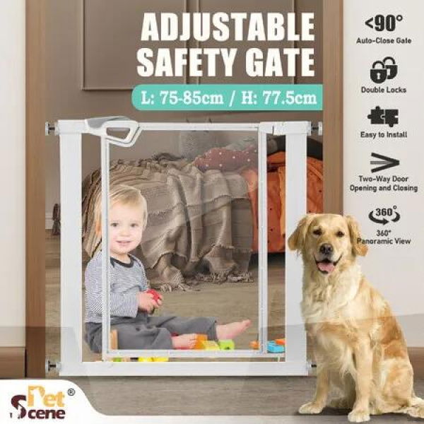 Clear Pet Dog Safety Gate Enclosure Adjustable Security Barrier Guard Fencing for Kitchen Stair Door Way 77.5cm Height 10cm Extension White