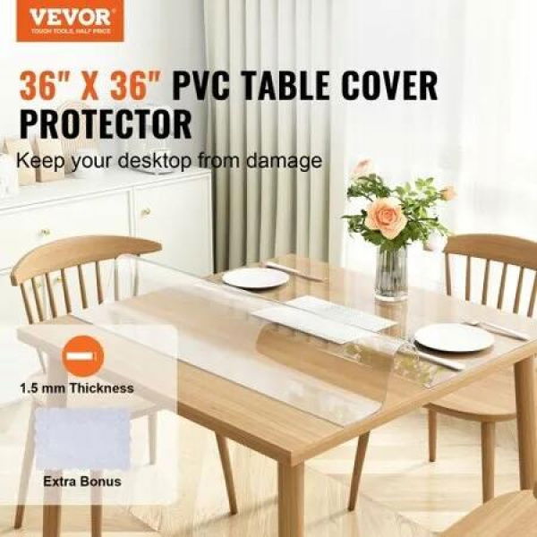 Clear Table Cover Protector 36'x36'/916 x 916 mm Table Cover 1.5 mm Thick PVC Plastic Tablecloth Waterproof Desktop Protector