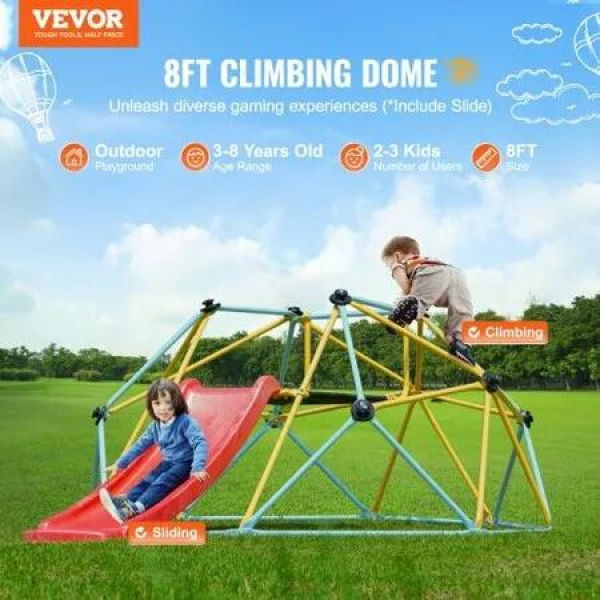 Climbing Dome 8FT Geometric Dome Climber with Slide for Kids 3 to 9 Years Old Jungle Gym Supports 600LBS and Easy Assembly with Climbing Grip Equipment