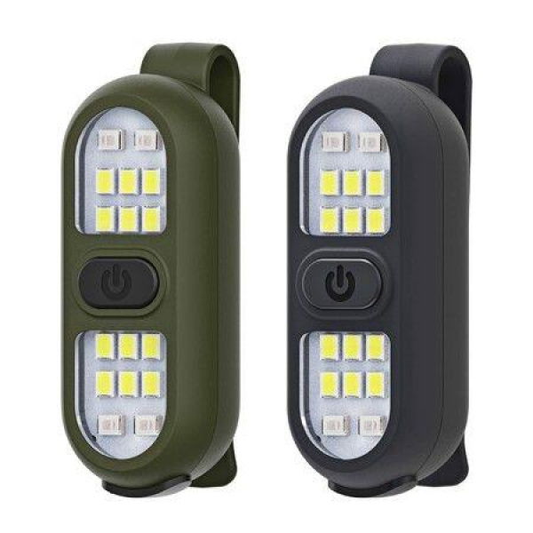 Clip-on Flashlight Running Light Rechargeable LED Work Light Warning Flashing For Camping Hiking (2 Pack - Black + Green).