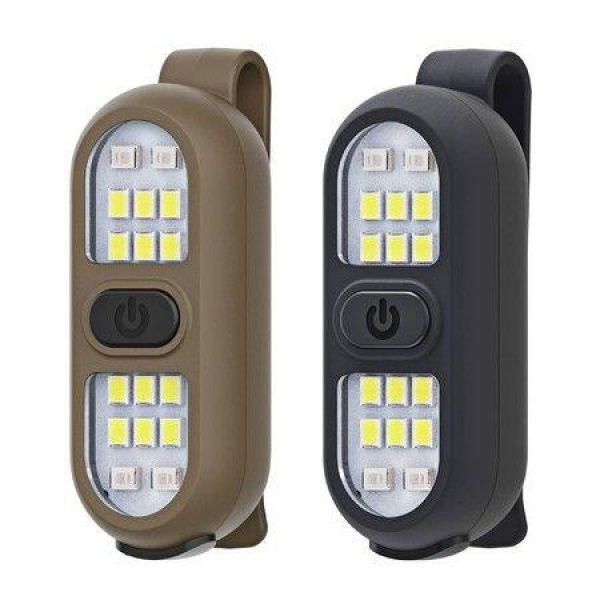 Clip-on Flashlight Running Light Rechargeable LED Work Light Warning Flashing For Camping Hiking (2 Pack - Black + Khaki).