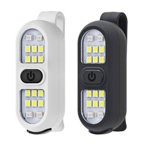 Clip-on Flashlight Running Light Rechargeable LED Work Light Warning Flashing For Camping Hiking (2 Pack - Black + White).