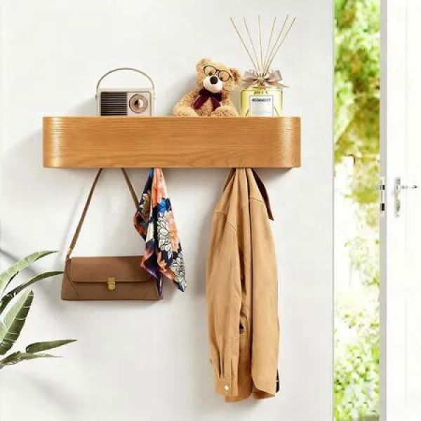 Clothes Coat Rack Hanger Wall Mounted 5 Hooks Hat Bag Towel Organiser Key Holder Wooden Storage Shelf Home Entryway Hall Bathroom Living Room Decor